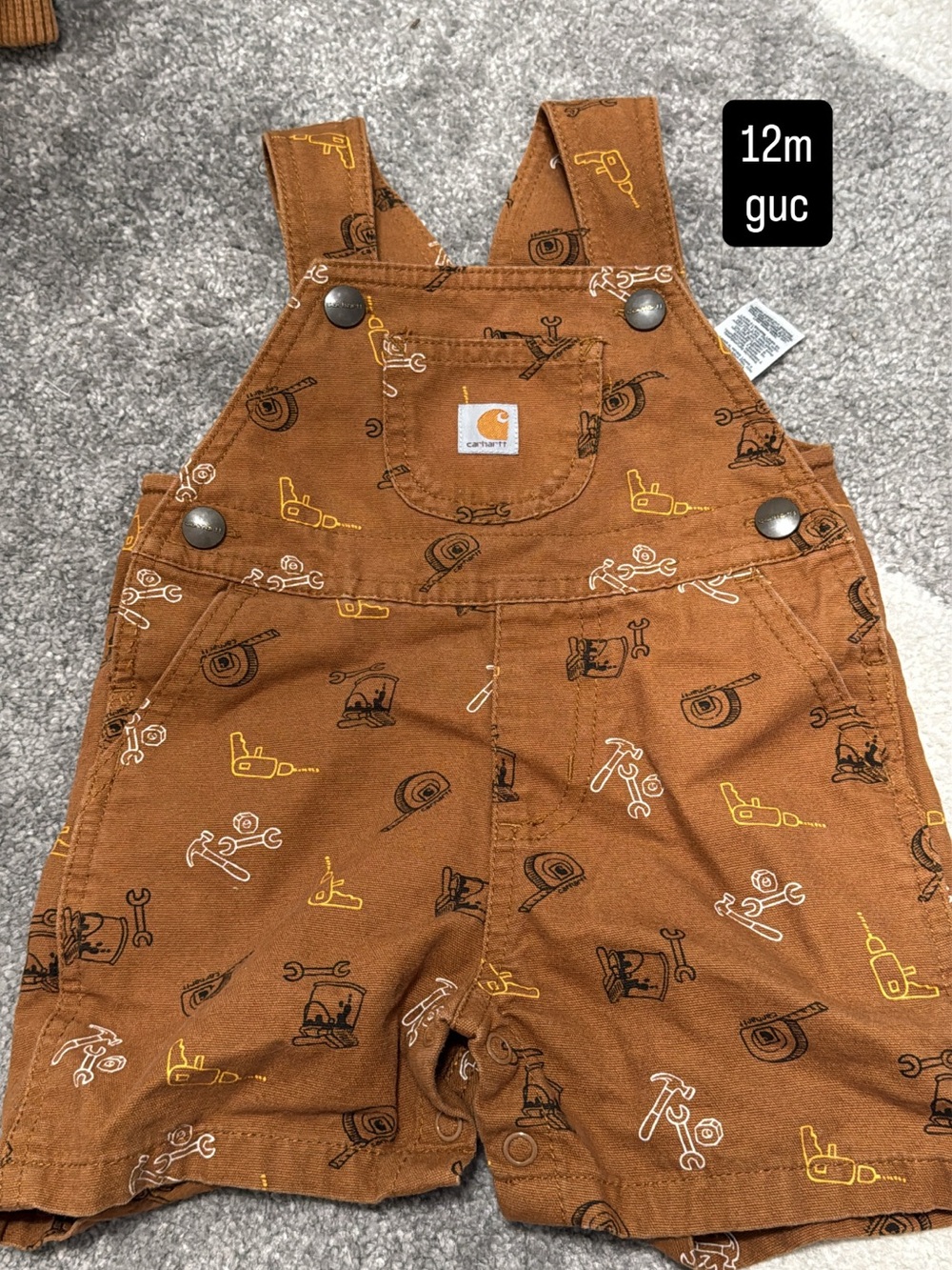 Carhartt Brown Tool-Print Shortalls with Yellow and Black Accents